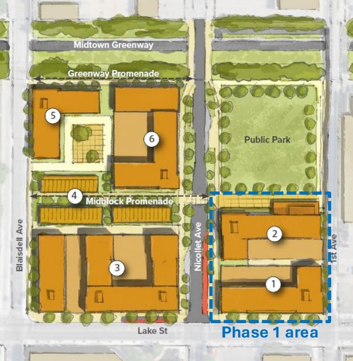 Map of New Nicollet Redevelopment, showing where buildings and parks will be built on the ten-acre site