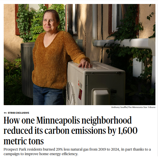  Star Tribune headline reading: How one Minneapolis neighborhood reduced its carbon emissions by 1,600 metric tons.