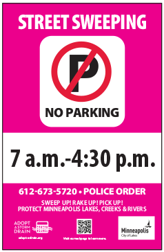 A hot pink “no parking” sign