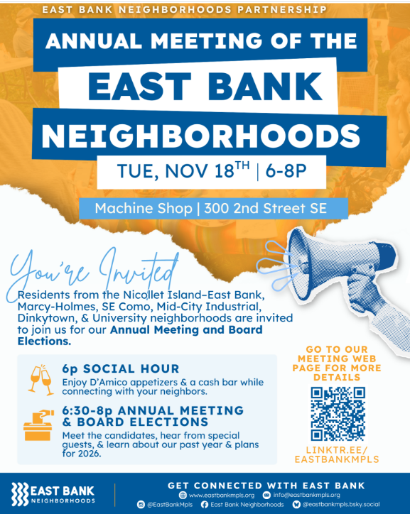 Flyer for the Annual Meeting of the East Bank Neighborhoods 