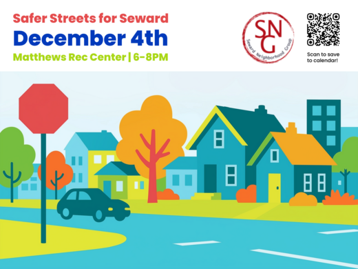 Poster for the Safer Streets for Seward meeting on December 4th 