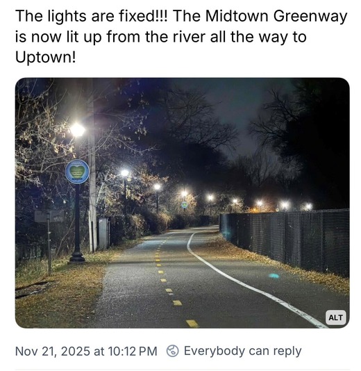 A screenshot of a social media post celebrating the repair of the lights on the Midtown Greenway. 