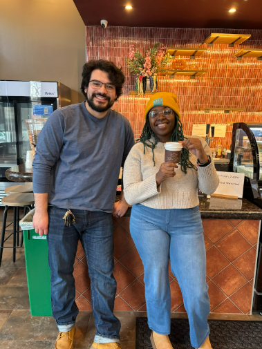 Council Member Wonsley at new Ward 2 coffee shop Sip of Silk with one of the store owners. 