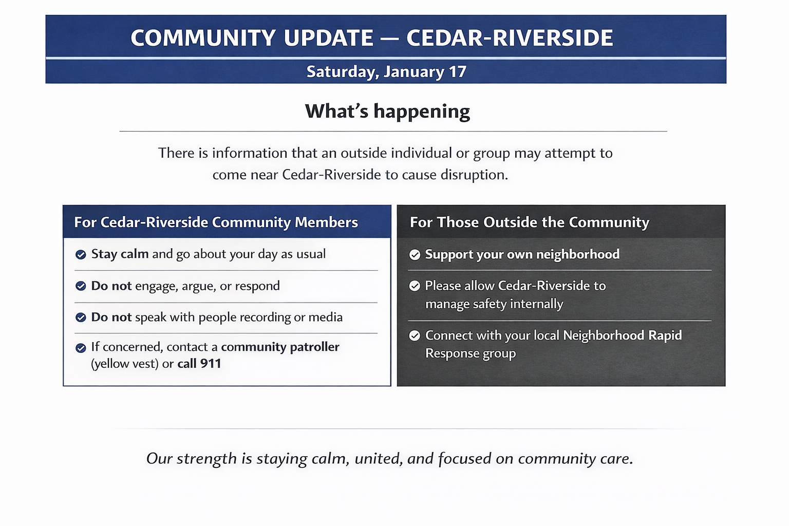 null Graphic with guidance for Cedar Riverside community members and those outside the community.