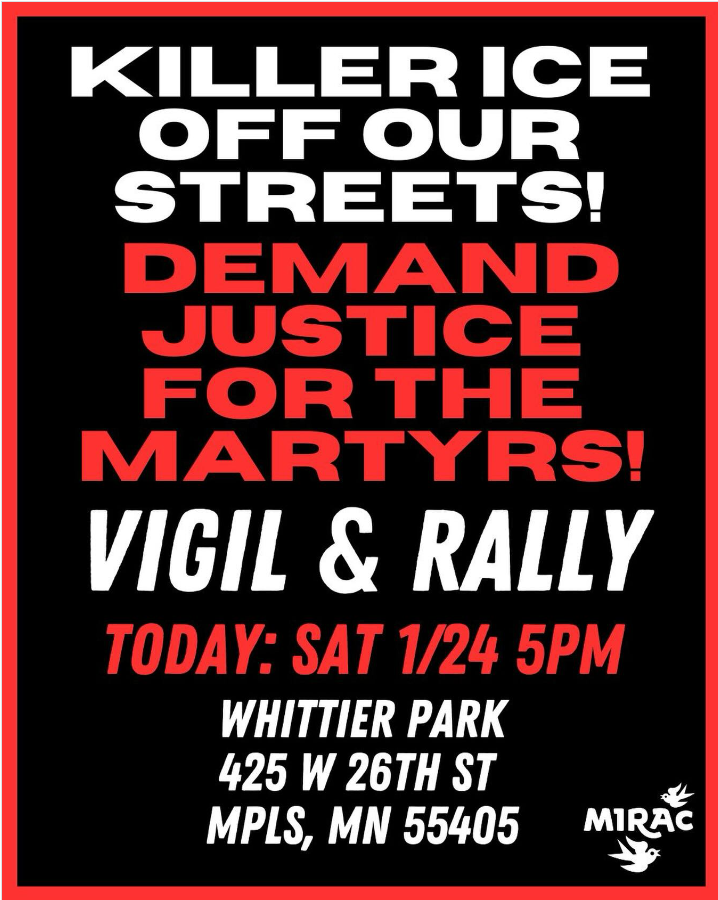 Poster for the vigil for Alex Pretti at 5pm at Whittier Park