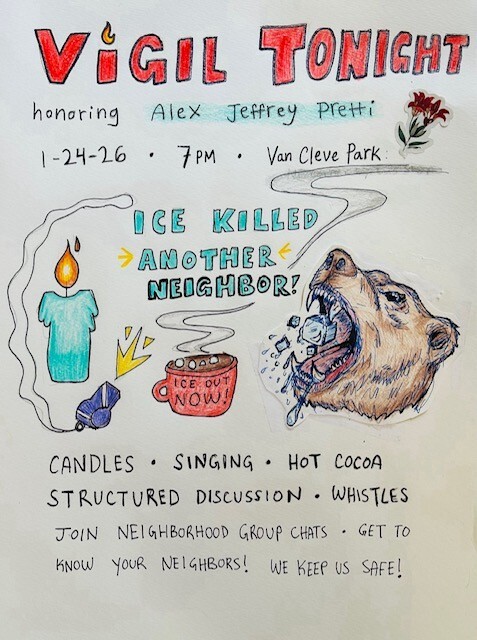 Poster for the vigil at Van Cleve Park. 