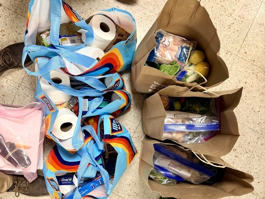 Groceries waiting to be distributed to families