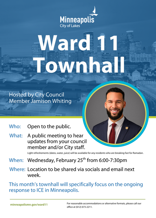 Blue flyer with City of Minneapolis imagery, the title "Ward 11 Townhall" and a photo of Council Member Whiting.