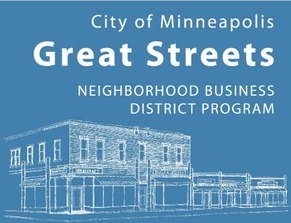 blue and white drawing of a building with logo for Minneapolis Great Streets