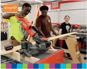 Step Up interns operate equipment with a supervisor in a woodworking workshop