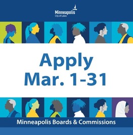 blue and white graphic with City of Minneapolis logo and text reading Apply March 1-31 - Minneapolis Boards & Commissions