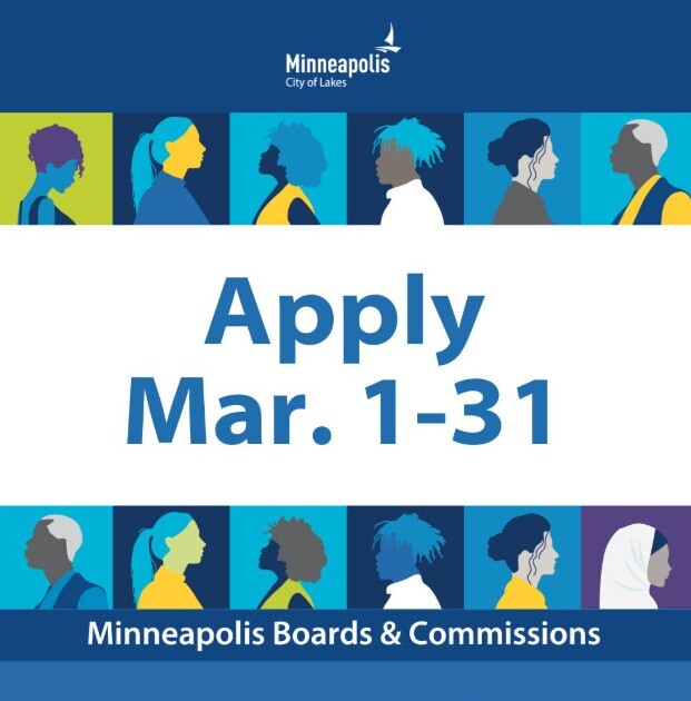 blue and white graphic with City of Minneapolis logo and text reading Apply March 1-31 - Minneapolis Boards & Commissions