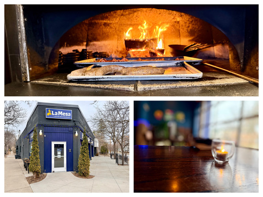 Three views of La Mesa Restaurant: a wood-fired oven cooking food, the corner exterior, and a candlelit table inside the cozy dining room.  