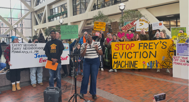 Council Member Wonsley speaking at a community rally calling on Council to override the Mayor’s veto of Pause Evictions, Save Lives.