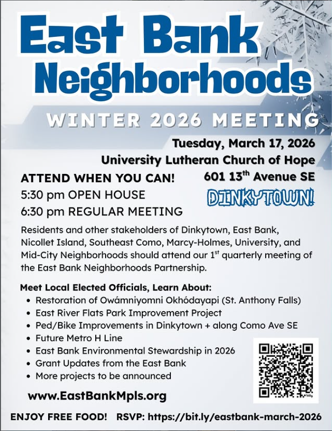 East Bank Neighborhoods Partnership Winter Meeting 2026 Flyer. 