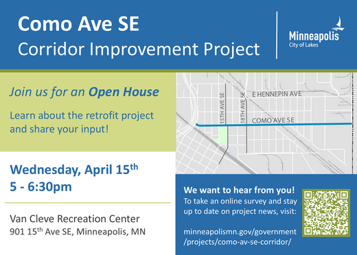 Flyer for the Como Ave SE Corridor Improvement Project Open House