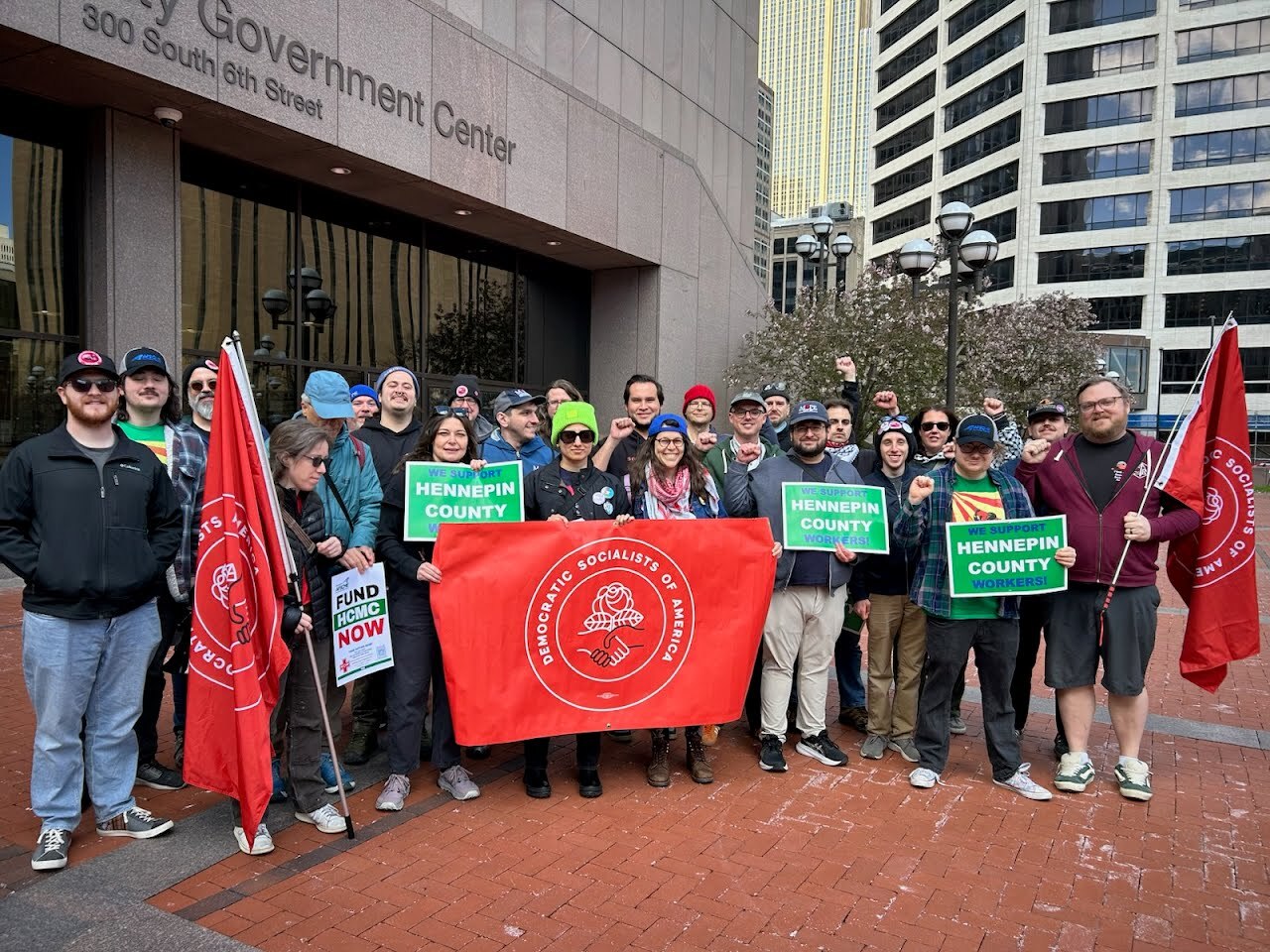 Photo of CM Stevenson with crowd at May Day celebration/worker picket