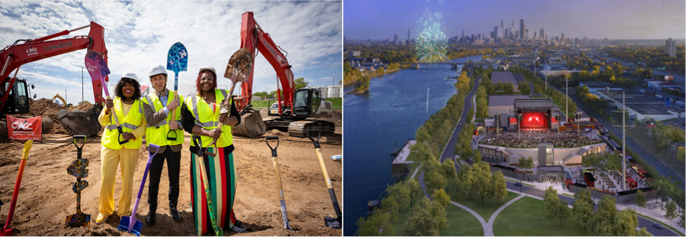 three people in hard hats and safety vests at a construction site, next to a rendering of the northside amphitheater