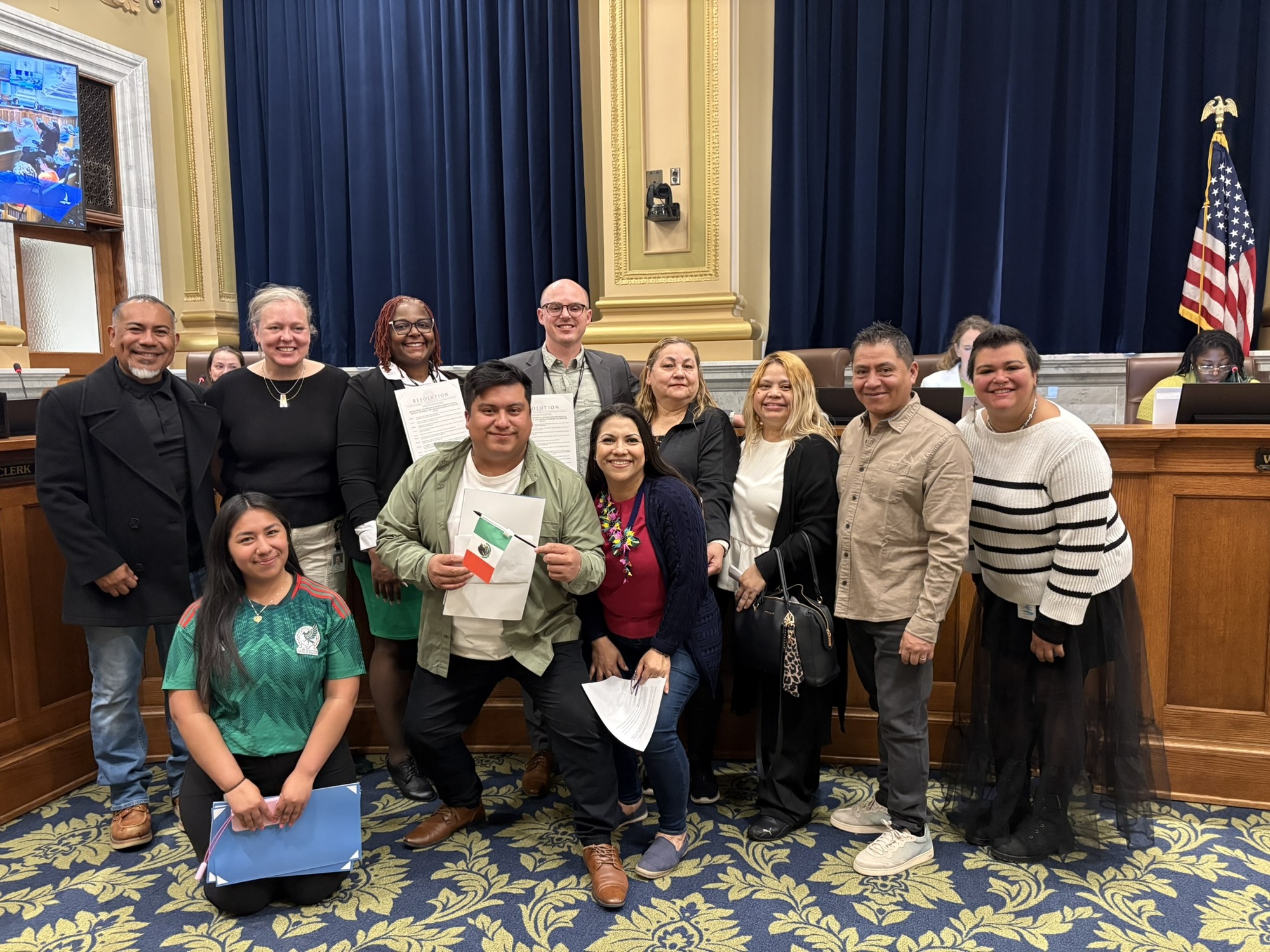 Photo of CMs Chavez, Stevenson, Warren with community members and city staff at presentation of Cinco De Mayo Resolution