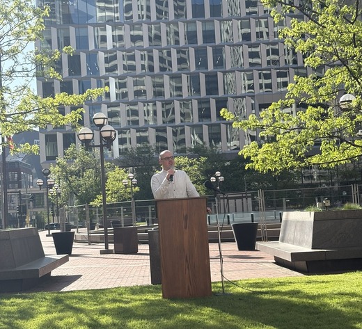 Photo of CM Stevenson speaking at Bike To Work event
