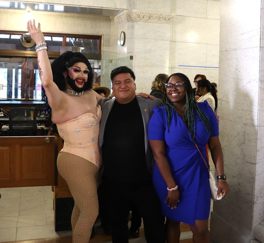 Council Member Wonsley with Council Member Chavez and Starr Dust at the Pride Breakfast, Drag Show and Ballroom Performance