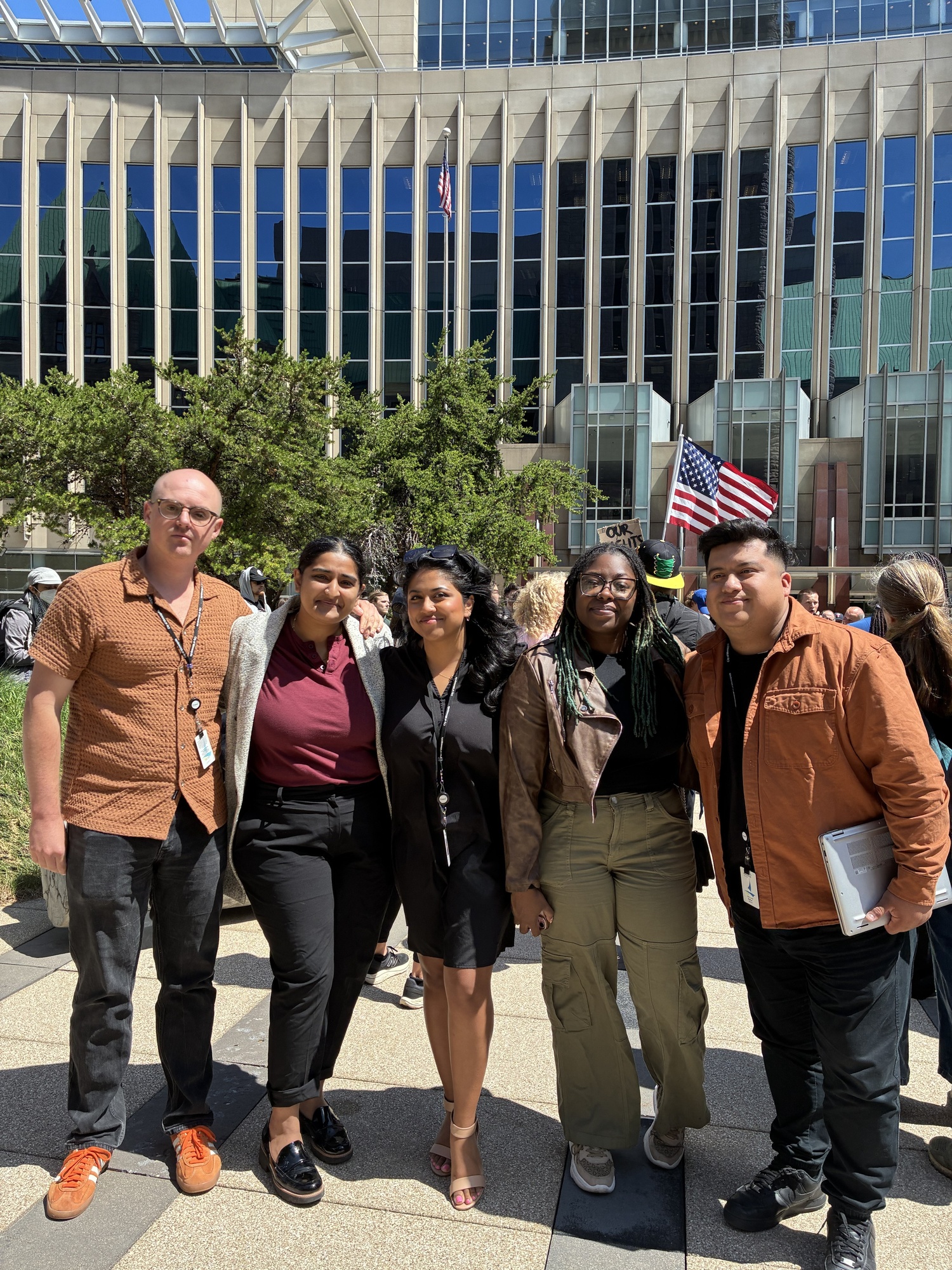 Council Members Stevenson, Chughtai, Chowdhury, Wonsley and Chavez with community outside the federal courthouse during the charging. 