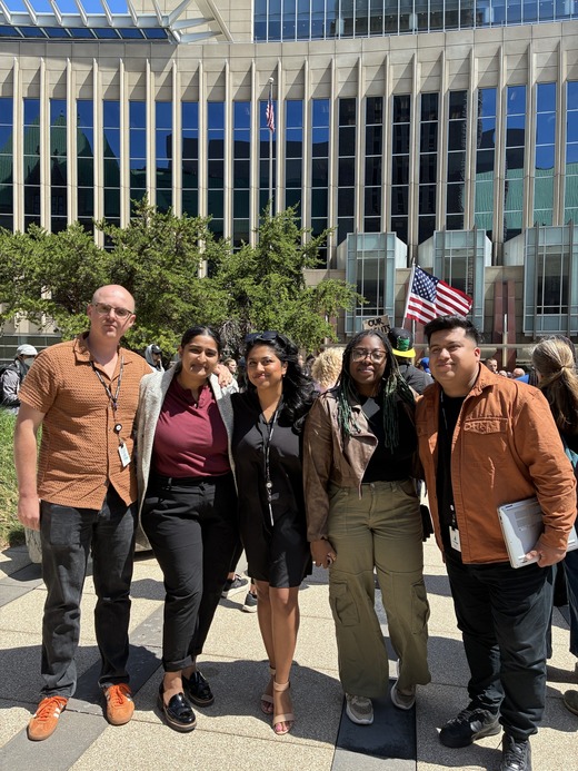 Council Members Stevenson, Chughtai, Chowdhury, Wonsley and Chavez with community outside the federal courthouse during the charging. 