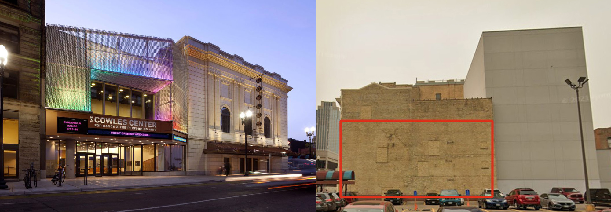 null front and side images of the Cowles Center, with mural area shown on the side image