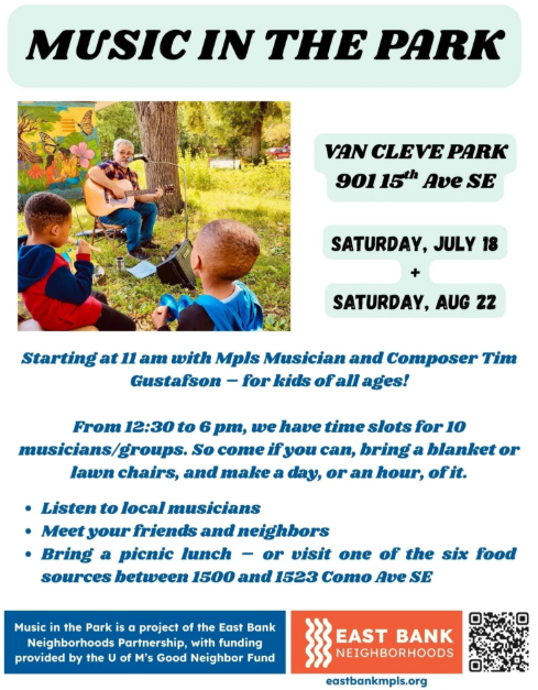 Flyer for music in the park at Van Cleve Park. 