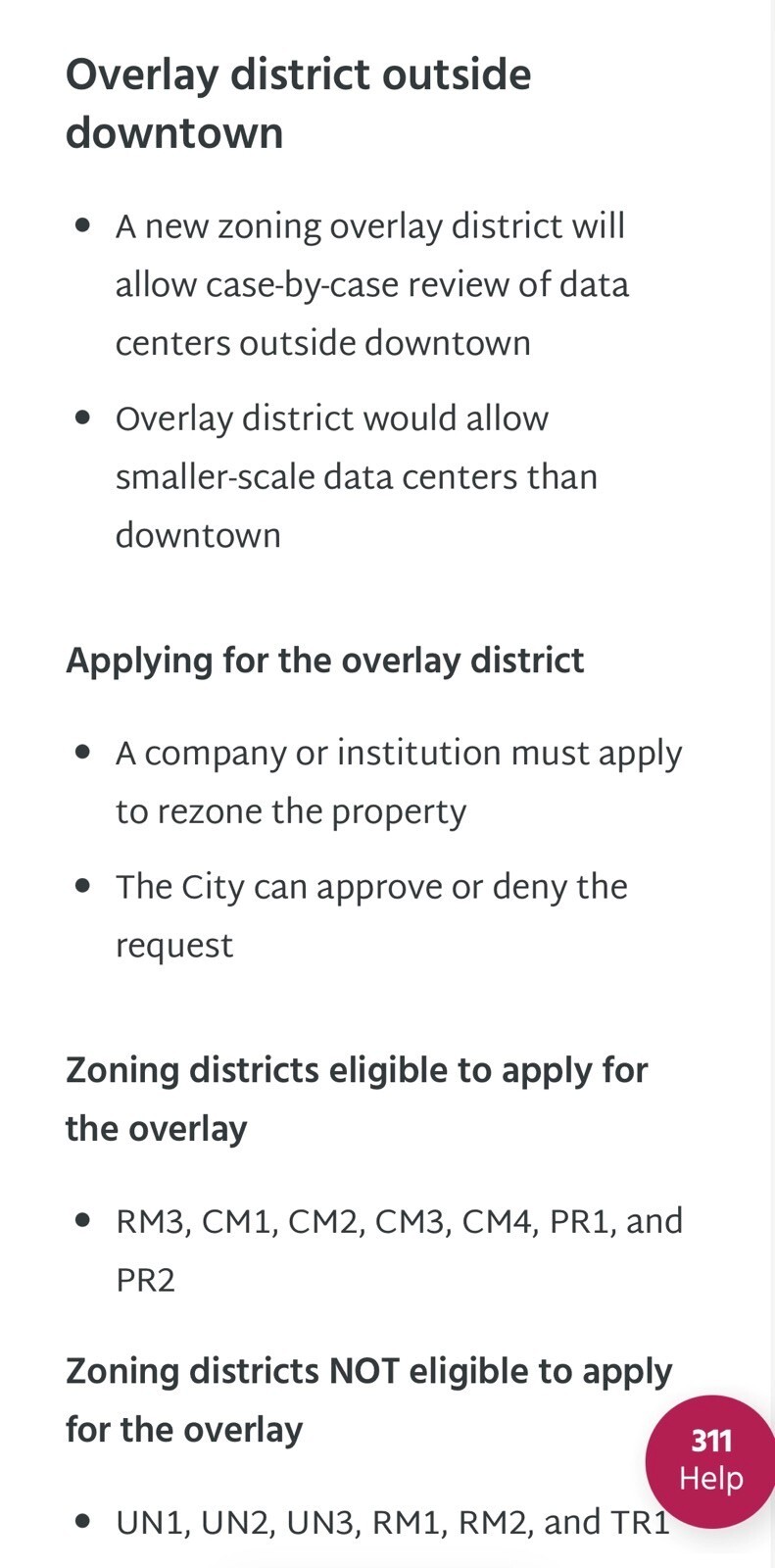 null A photo of the initial proposed zoning districts eligible to apply for a data center overlay district.