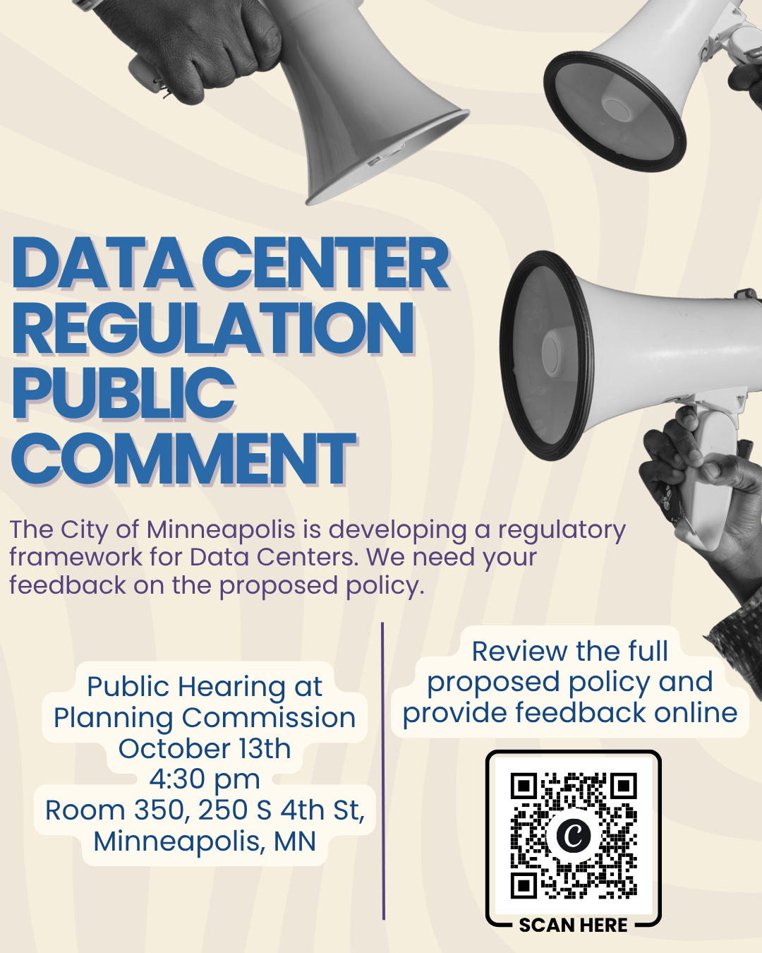 null Flyer for data center regulations public hearing, with QR code to provide feedback online.