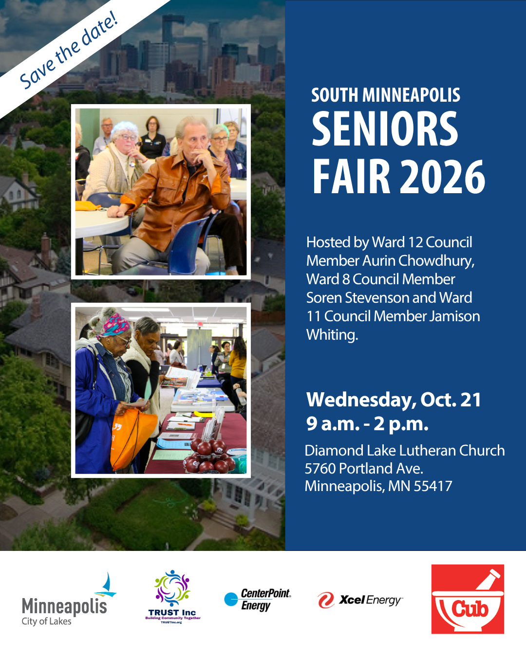 Graphic promoting the South Minneapolis Seniors Fair from 9 a.m.-2 p.m. on Oct. 21 at Diamond Lake Lutheran Church.