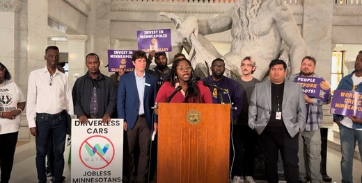 Council Member Wonsley with co-authors, drivers, and community supporters at a press conference supporting Workers Drive Minneapolis. 