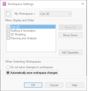 Workspace Settings - Automatically save workspace changes toggled.