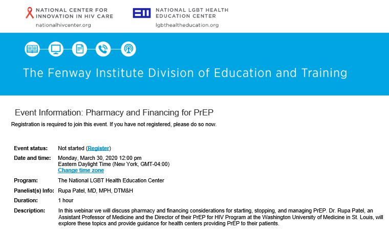 Registration for Pharmacy and Finance for PrEP Webinar