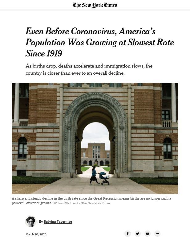 Article: Even before coronavirus, America's population was growing at slowest rate since 1919