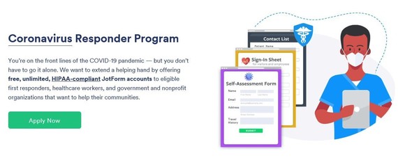 JotForm Access to Free HIPAA Compliant Form for Government Agencies, Non Profits, First Responders 