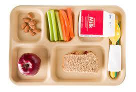 Image of a school cafeteria tray with various food items.