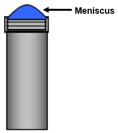 A vial filled with water with an arrow pointing to the meniscus