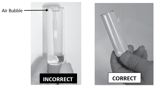 a tube with an air bubble showing incorrect and a tube with no air bubble  showing correct
