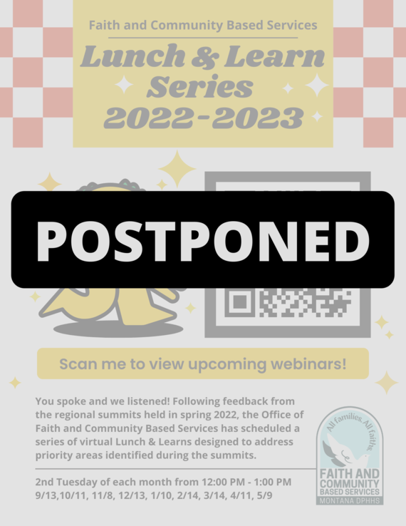 FCBS Lunch & Learn Flyer with the word "postponed" layered over the image