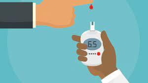 Cartoon of a drop of blood from a finger going into a meter