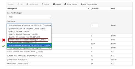 Yogurt Issuance drop down menu options