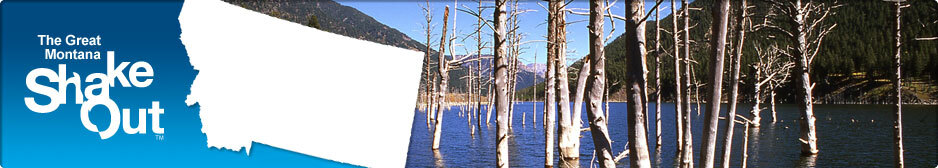 "the great montana shakeout" with an outline of Montana and picture of trees in water
