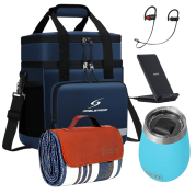 blue soft sided cooler, wired ear buds, yeti wine tumbler, phone charger and picnic blanket 
