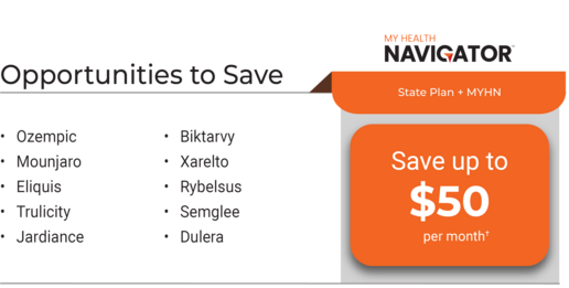opportunities to save up to $50 per month on prescription drugs covered on the state plan with my health navigator. 