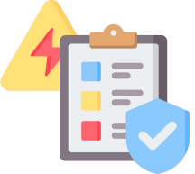 three icons: yellow triangle with lightening bolt, check list and blue safety badge with check mark