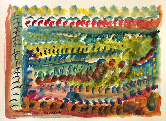 This is a photograph of Marc's artwork. It is an abstract painting with many colors, with rows of color in both vertical and horizontal strokes