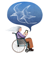 Colorful painting of a woman in a wheelchair reading a book