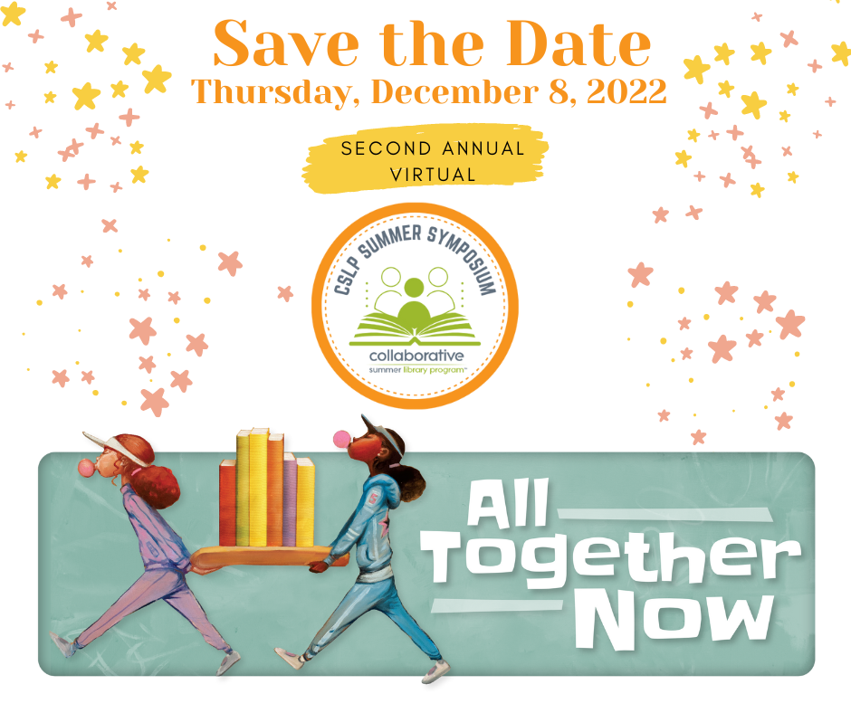 Save the Date notice with CSLP logo in center, and illustration of two young black girls chewing gum and carrying books